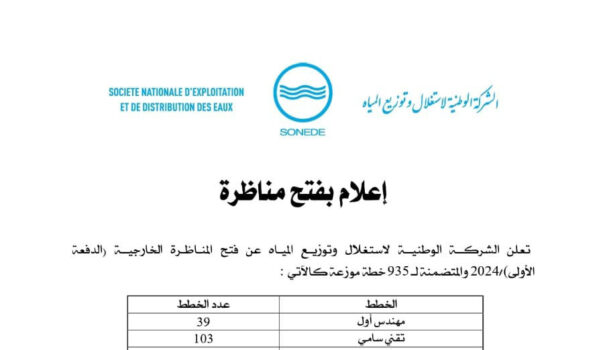 إعلان عن فتح مناظرة خارجية بالشركة الوطنية لاستغلال وتوزيع المياه